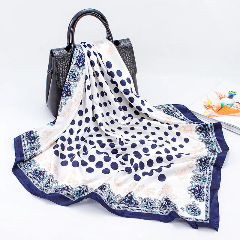 European and American Vintage Style Black and White Round Dot Printed 90*90cm Square Silk Scarf for Summer