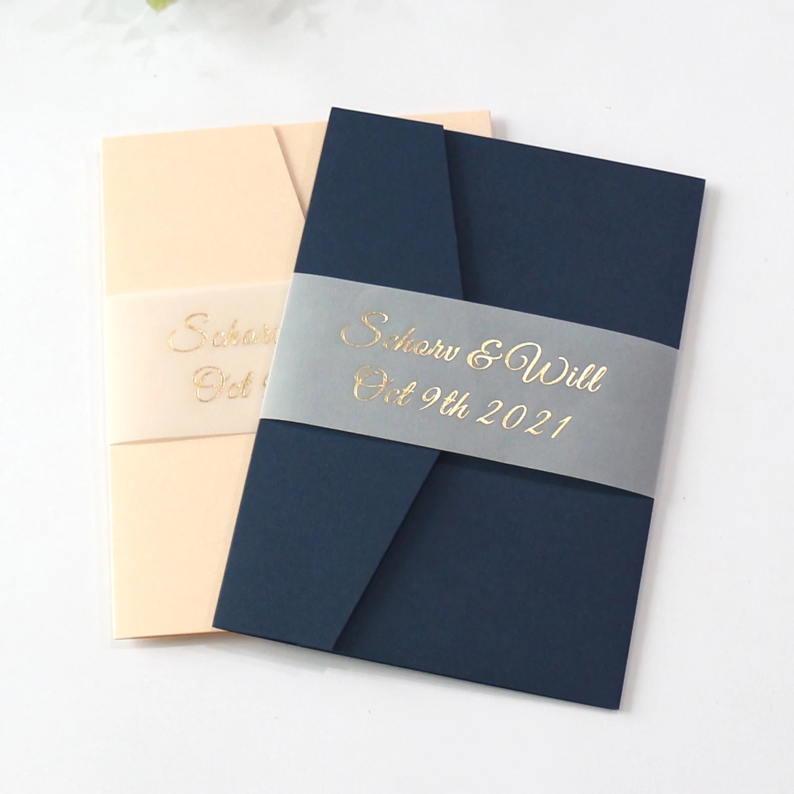 Elegant Vellum Belly Band Wedding Invitation with Custom Blue Envelope Ivory Paper Envelope