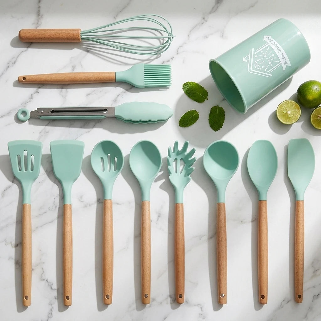 Wholesale 12 Pieces in 1 Set Kitchen Accessories Baking Cooking Tools Silicone Cookware Utensils Set With Wooden Handle