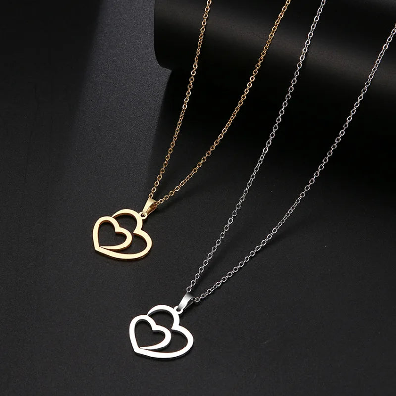 GT Hollow Double Heart Choker Pendant Gold Stainless Steel Necklace for Women Man