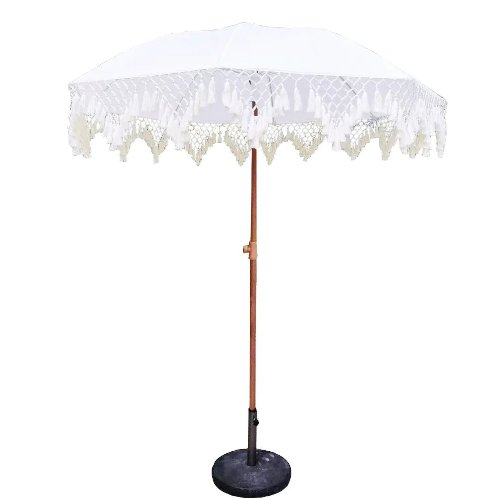 Modern Bohemian Tropical Macrame Fringe Waterproof Umbrella Stainless Steel Huge Outdoor Patio Lawn Courtyard Restaurant