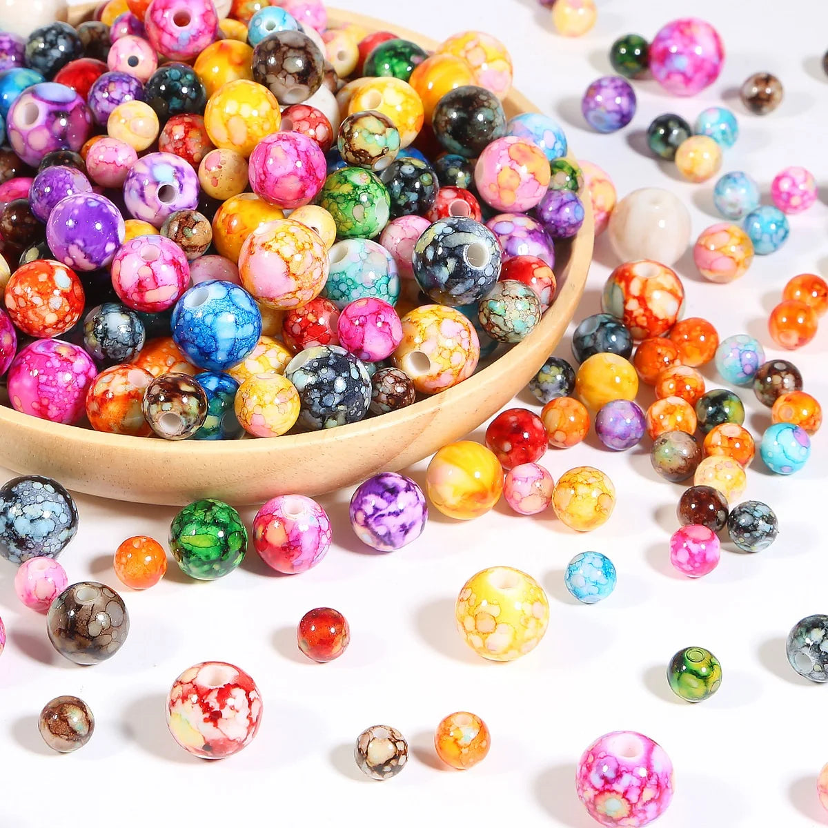 Acrylic Flower Beads Ceramic Pattern Effect Beads Round Straight Hole Loose Beads Wholesale Diy Jewelry Accessories