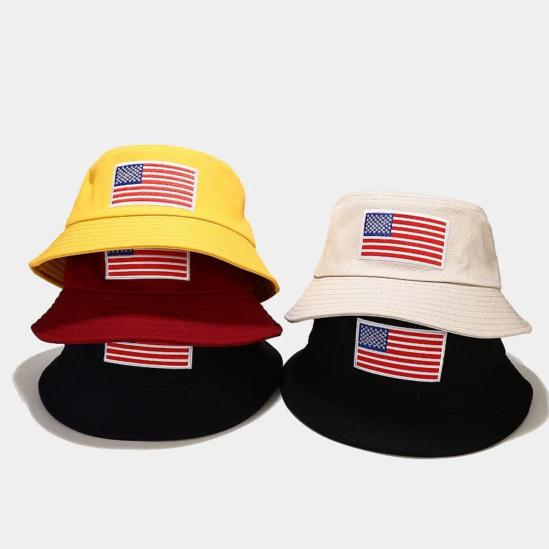Goldfour Low Moq Cotton Custom Fashion Adult Usa American Flag Bucket Hat With Embroidered Patches