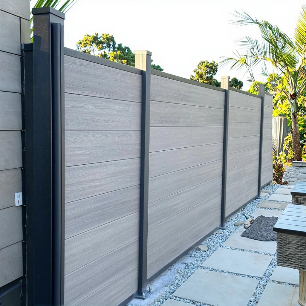 Outdoor WPC Wood Grain Garden Fence Wall Panels 3D Modelled Metal/Iron Frame for Home Use