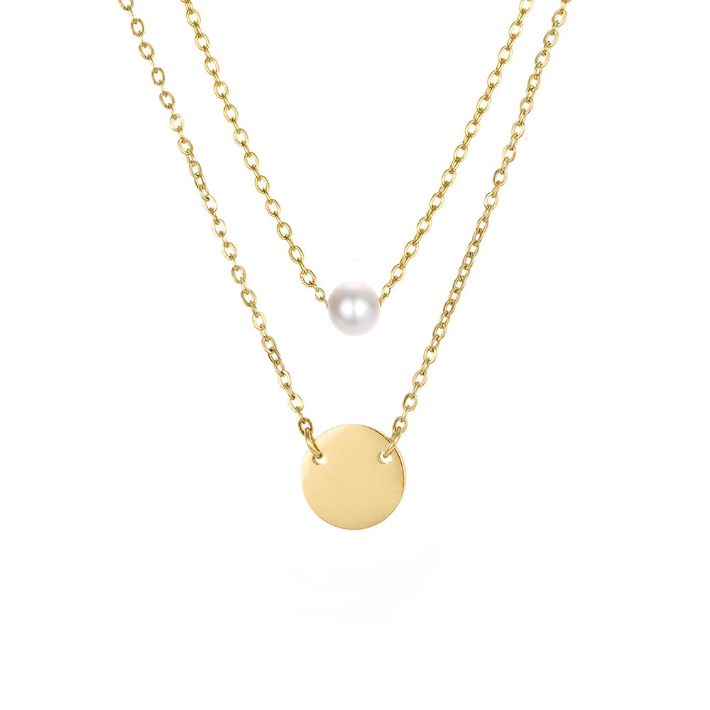 EManco Dainty Double Layered Necklace Stainless Steel Necklace Gold Plated Choker 4mm Pearl Pendant Necklace 2022 Fine Jewelry