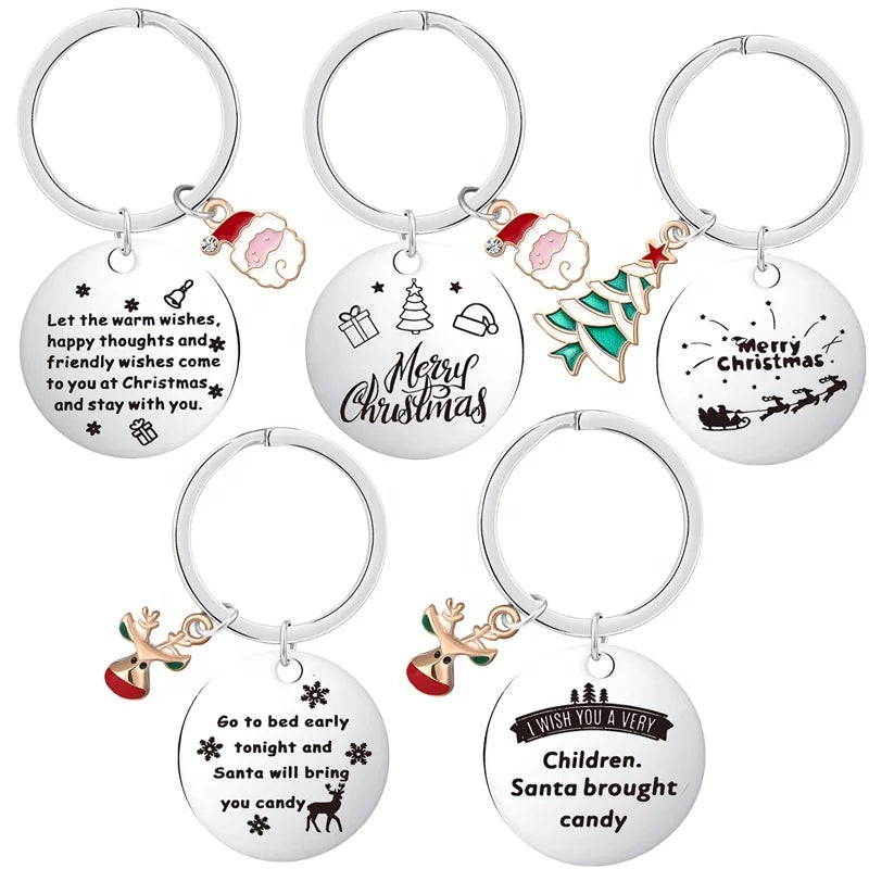 Wholesale Christmas Wishes Stainless Steel Enamel Keychain with Christmas Tree Santa Claus Pendant-Unisex Gift