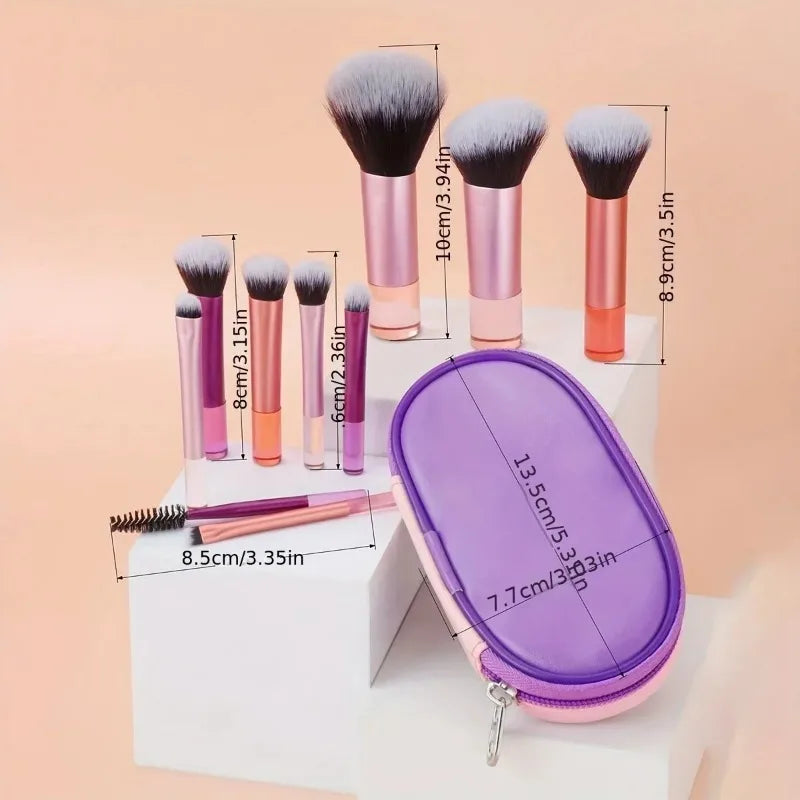 Portable Mini 10-Piece Makeup Brush Set Women's Beauty Tool with Foundation Eyeshadow Blush Concealer Application Cosmetic Bag