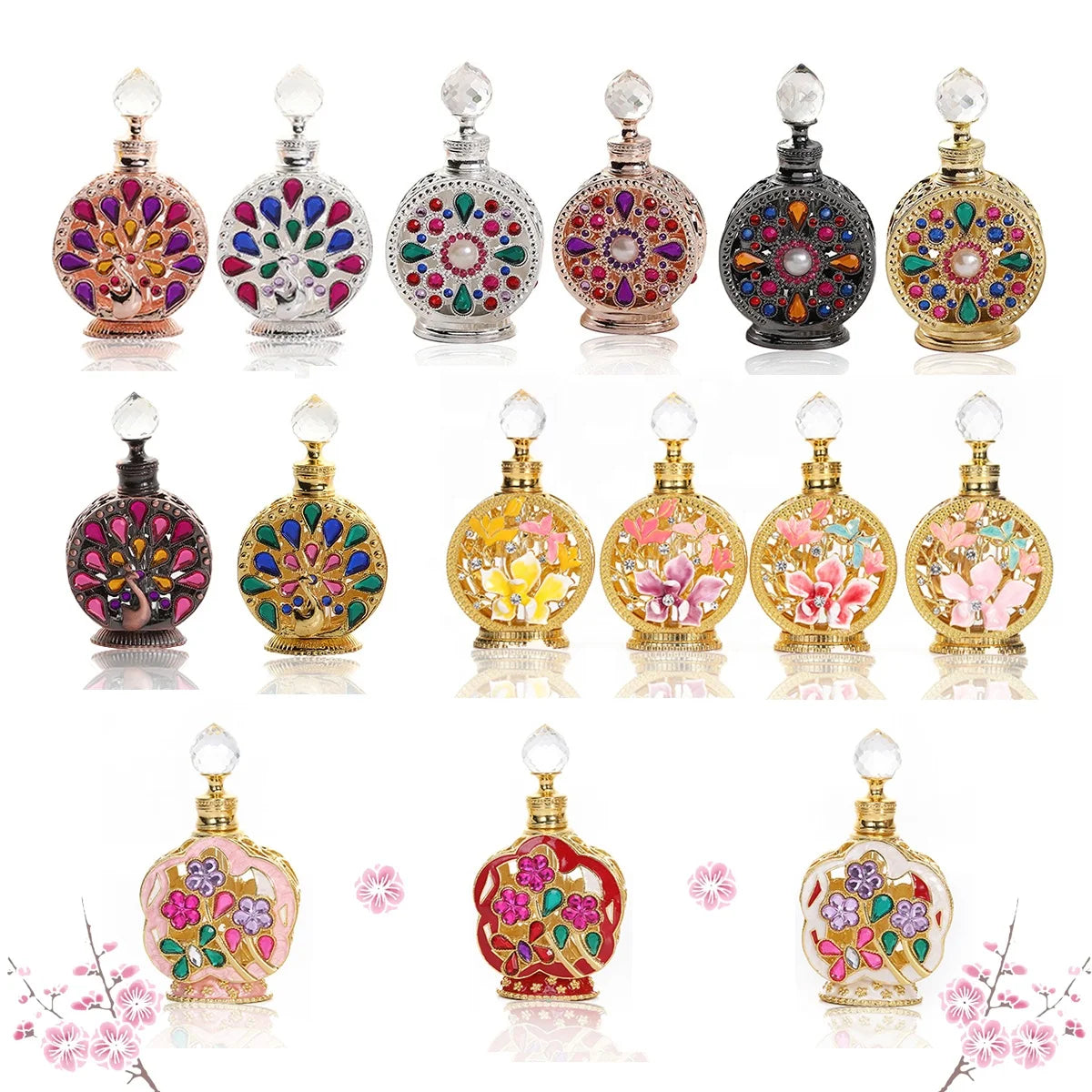 Sample Retail 12ml Stone Patented Orchid Flower Peacock Metal Perfume Bottle Glass Essential 0il Attar Bottle Refillable Bottles