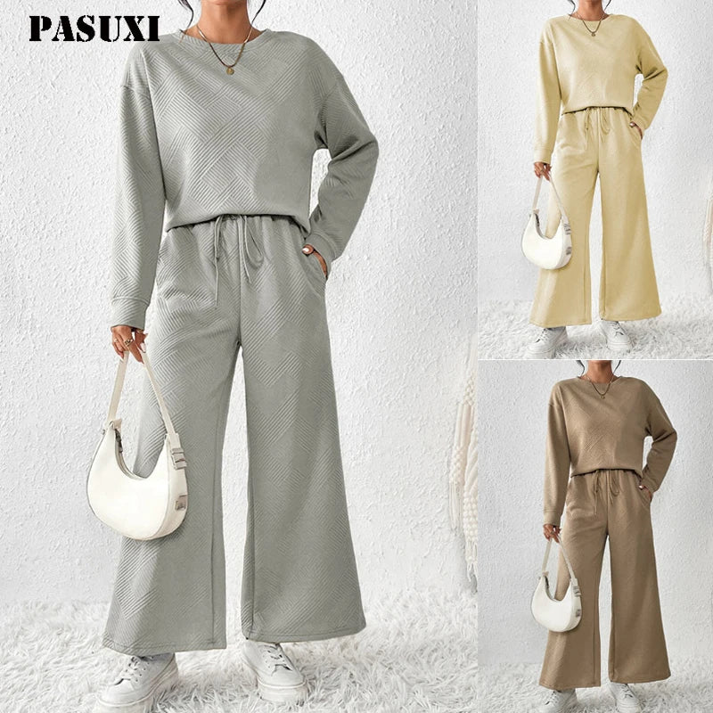 PASUXI OEM Loungewear Women Sets Long Sleeve and Pants Set Custom Logo Two Piece Skinny Set Clothing for Women 2025