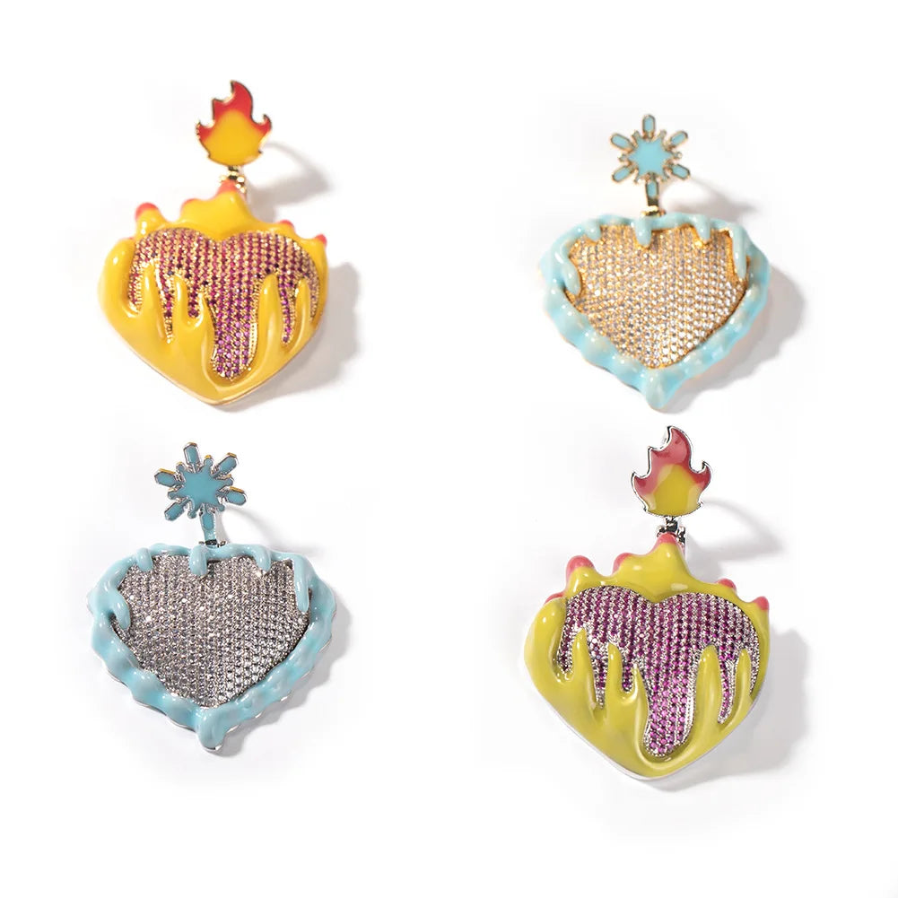 New Trendy Glow in the Dark Pave Zircon Tennis Necklace Oil Dripping Luminous Ice Fire Enamel Hearts Choker Mainly Made of Brass