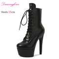 Size 44 Plus Sexy Suede 6-Inch 15CM High Heels Platform Ankle Boots for Women Closed Toe Nightclub Exotic Catwalk Lace-Up Autumn MegaBDM