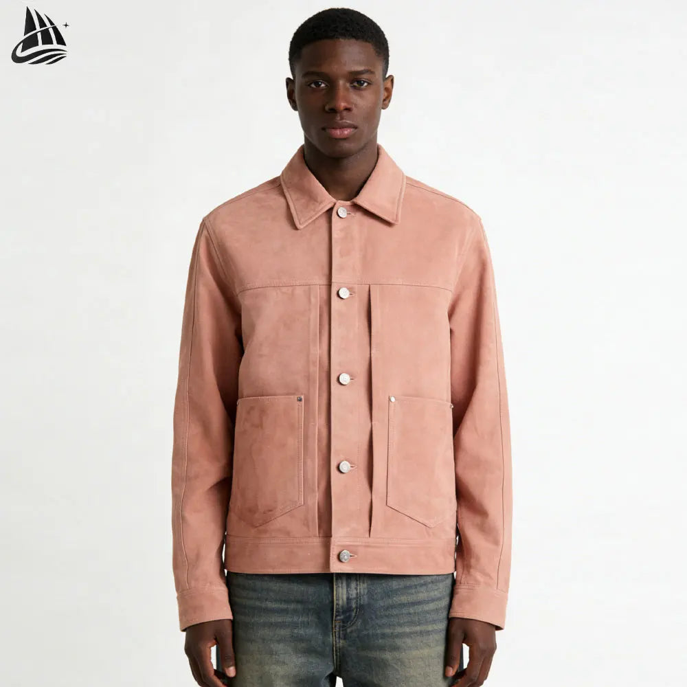 Custom Pink Suede Men's Trucker Jacket with 2 Front Patch Pockets Square Collar Winter OEM Service Available