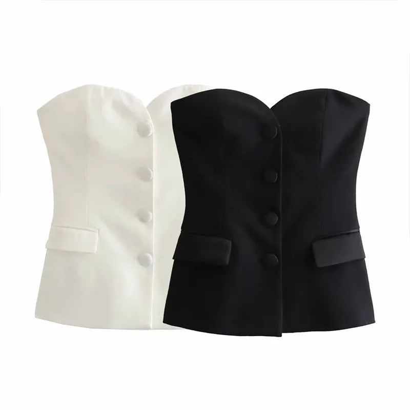 ZATRHMBM Women's 2024 New Fashion  Single Breasted Off-the-shoulder Tank Top  Retro Backless Chic Vest