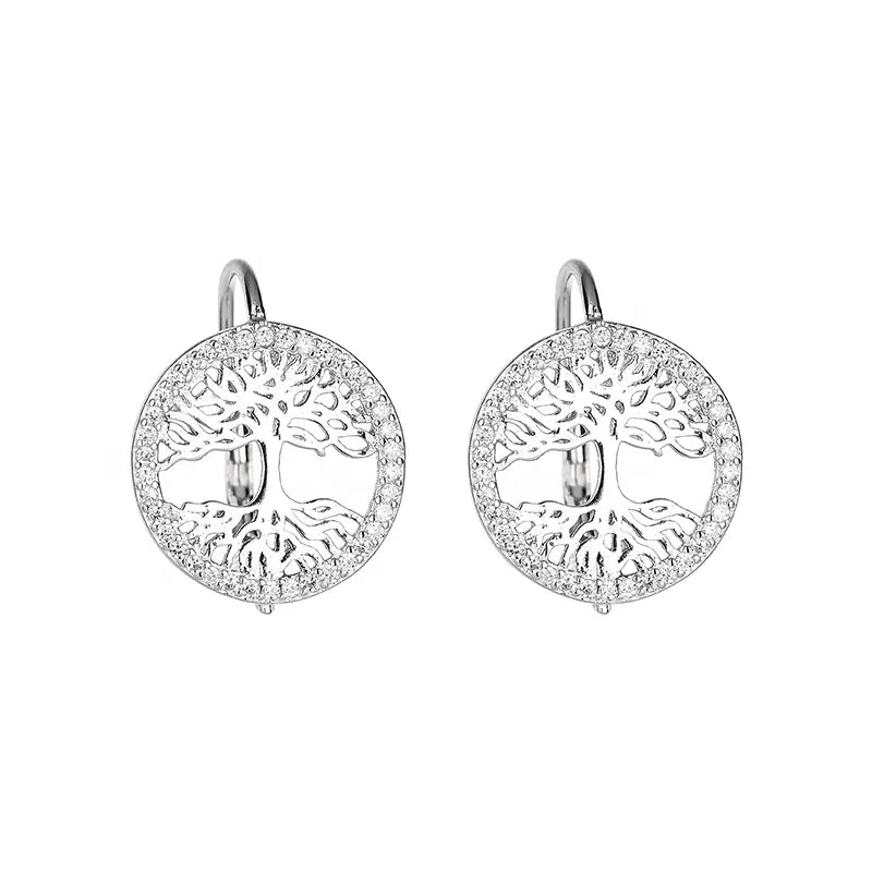 YJEH263 Europe Vintage Fashion 925 Sterling Silver Zircon Hollow Out Tree of Life Hook Hoop Earrings Women Fine Jewelry