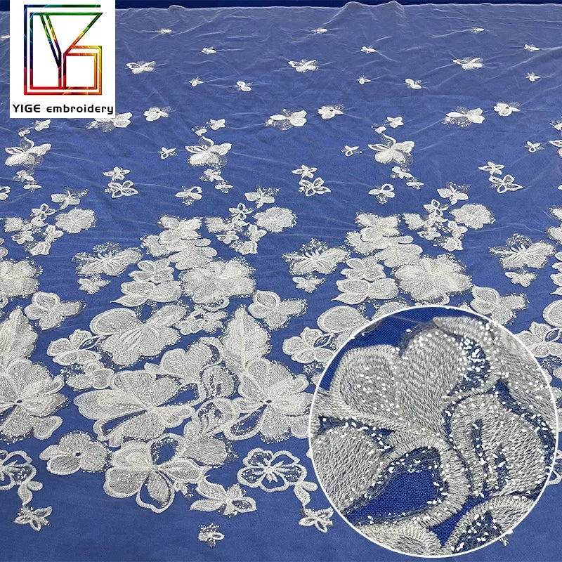 High Quality Sequins Lace Fabric White Wedding Dress Tulle Bridal Floral Embroidery Lace Fabric
