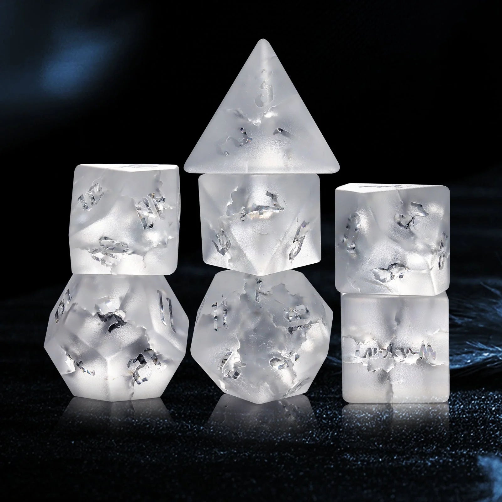 Frosted White Burst Dragons Dungeons Polyhedral Glass D&D Dice 16mm 20mm Set (D4 D6 D8 D10 D20)-Manufactured Dice Manufacturers