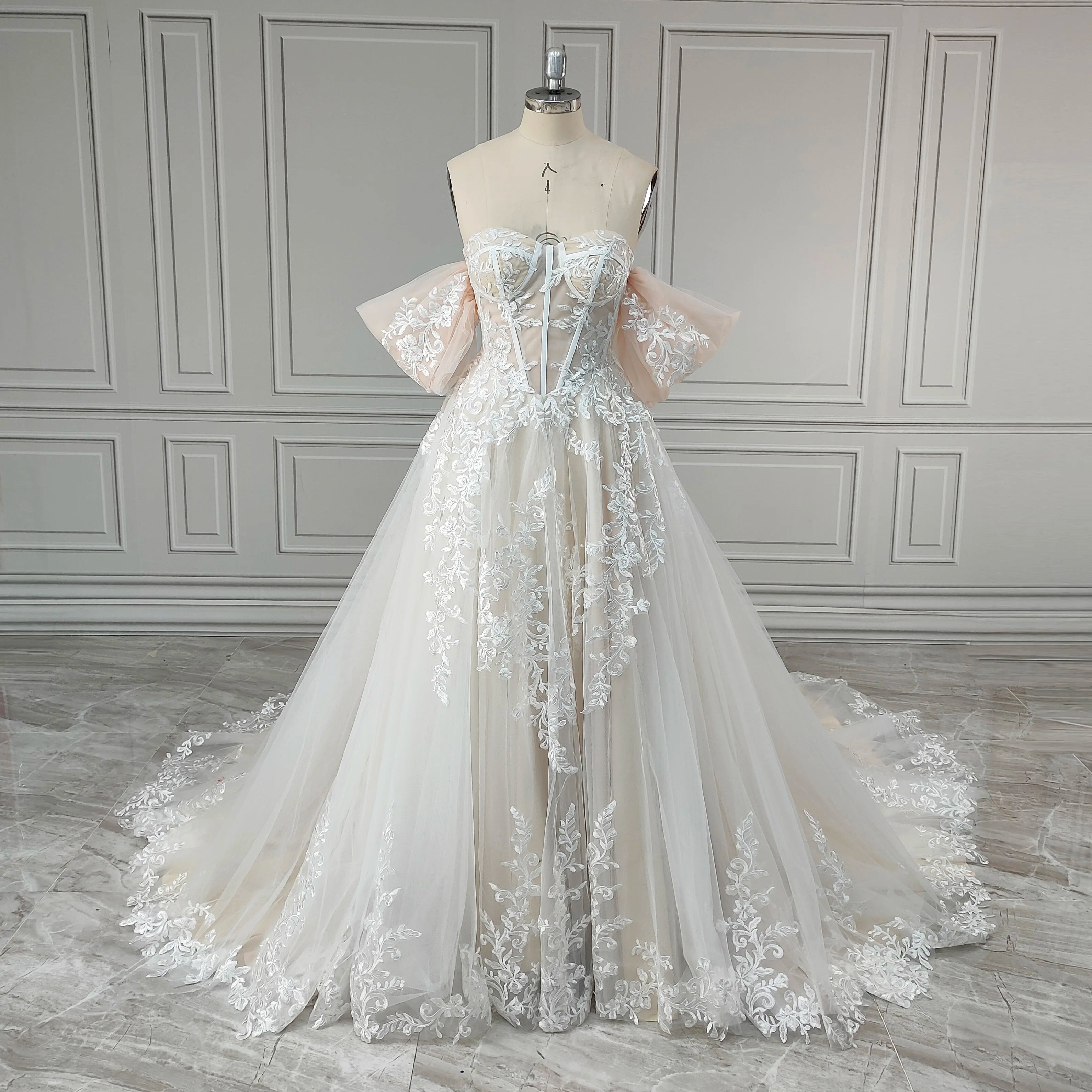 Real Photos High Quality Off Shoulder Appliques Lace A-line Sweep Train Wedding Dress Elegant Women Bride Gown Dress 2354
