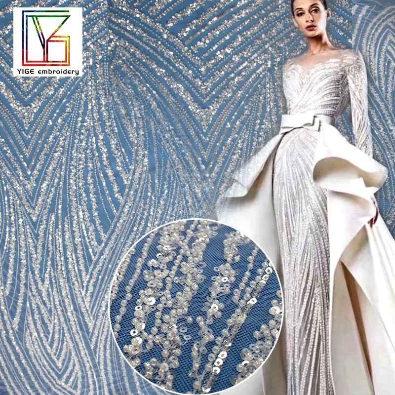 Luxury New Design White Beads Sequins Wedding Bridal Lace Fabric Tulle Beaded Embroidery Shining Dress Lace Fabric for Women