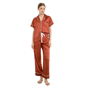 FUNG 6028 Factory Wholesale Custom Breathable Satin Women's 2-Piece Pajamas Short Sleeve Long Pant Solid Summer Winter
