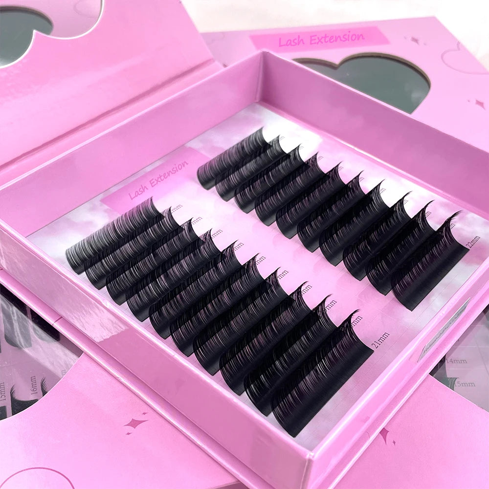 Vegan Matte Black Volume Eyelash Extensions Faux Mink Korean Pbt Wholesale Individual Lash Extensions 0.03 Volume Lash Trays