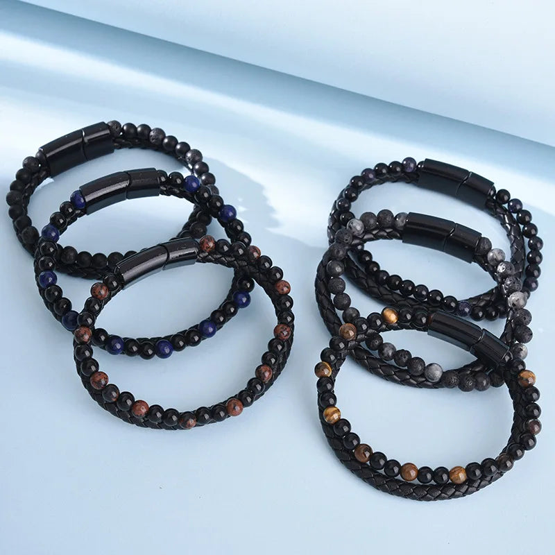 Hot Selling Custom Engraved Logo Lapis Lazuli Tiger Eye Gemstone Bracelet Double Layer Magnetic Clasps Leather Bracelet