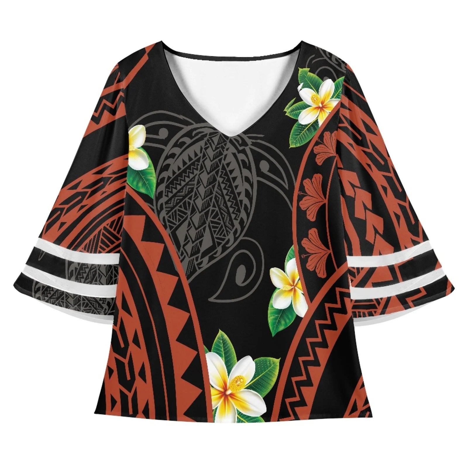 Hawaii Flowers and Turtle Design Polynesian Tribal Tattoo Print Blouses Cute Oversize V-neck Women's Blouses T Shirts for Women