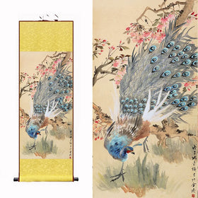 Wholesale Custom Art Silk Scroll Chinese Painting Peacock Poster Folded Leaflet Bound Wall Hanger Paper Brochure