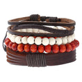 4-Piece Fashion Charm Bracelets Set Genuine Leather Braid with Wood Beads for Men and Women