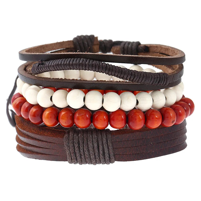 4-Piece Fashion Charm Bracelets Set Genuine Leather Braid with Wood Beads for Men and Women
