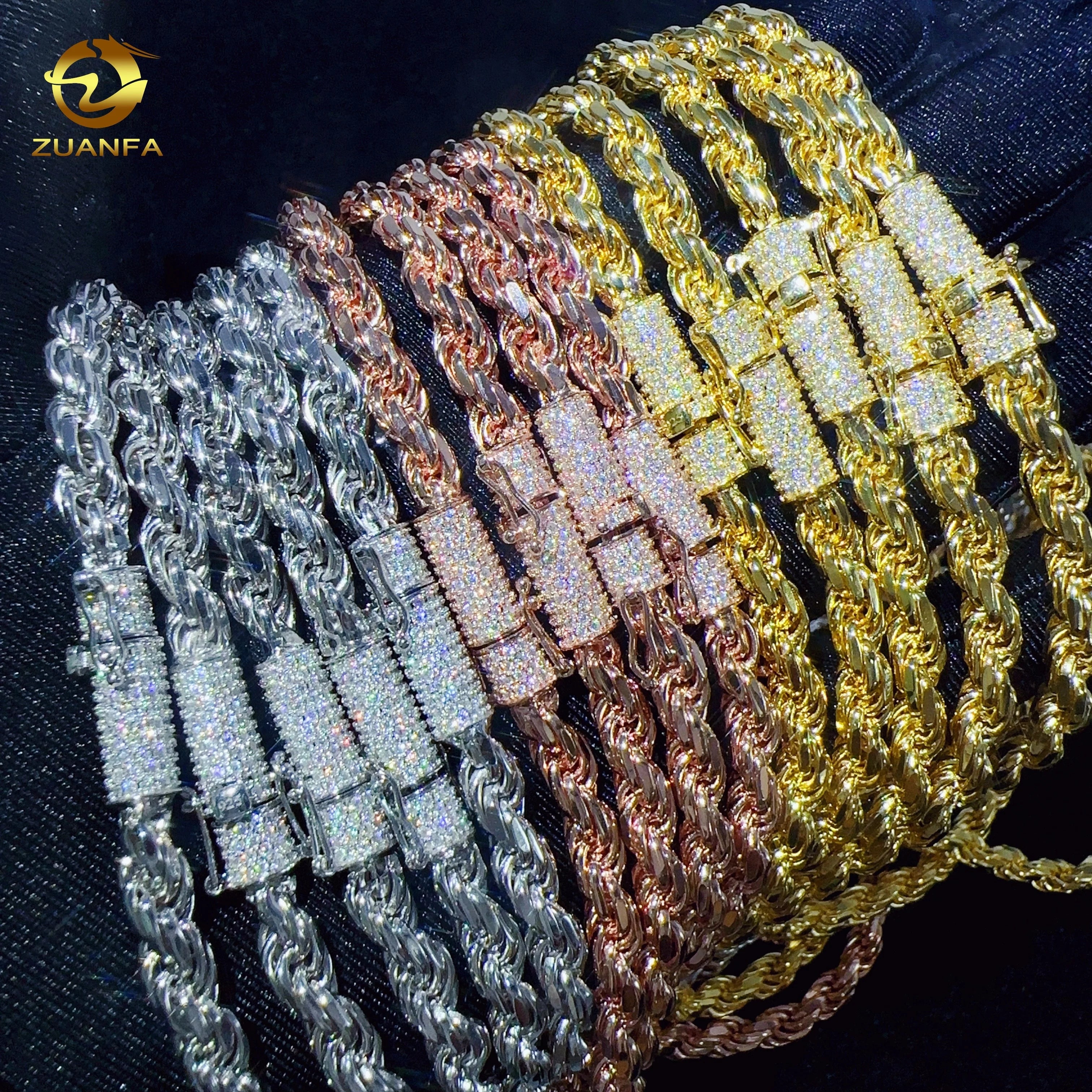 Fashion Hip Hop 6mm 925 Sterling Silver Necklace With Moissanite Clasp Iced Out Rope Chains for Men&women