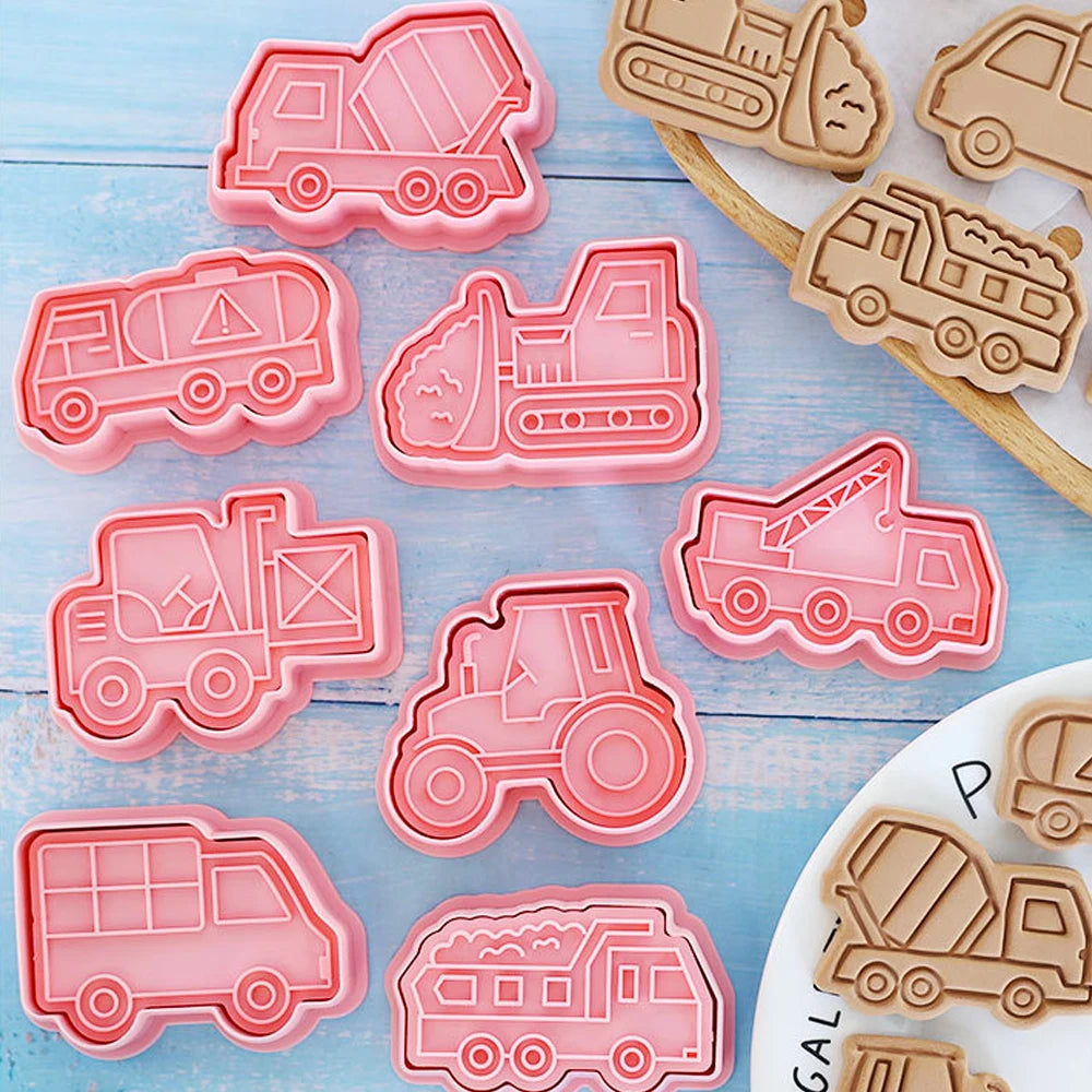 8pcs/Box Christmas Cookie Mould Set Plastic Bus Car Cookie Cutters Mold Kids Party Bus Car Cookie Stamp