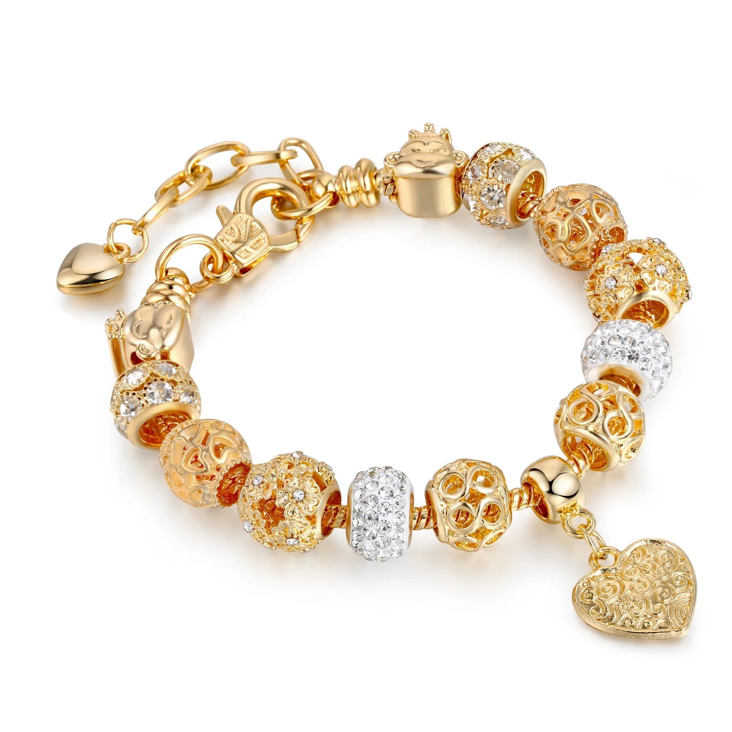 Wholesale Gold Snake Chain Animal Monkey Austrian Crystal Beads Heart Pendant Women Charm Bracelet Jewelry