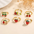 Cute Strawberry Cherry Open Ring Gold Adjustable Brass Band Sweet Summer Jewelry for Women Stackable Fashion Accessory