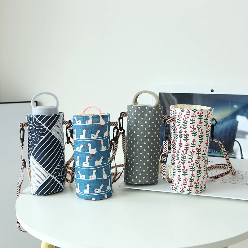 Fashion Style Portable Bottle Cover Floral Printing Cotton Linen Cup Covers Outdoor Bottle Holder Cover Storage Bag With Strap