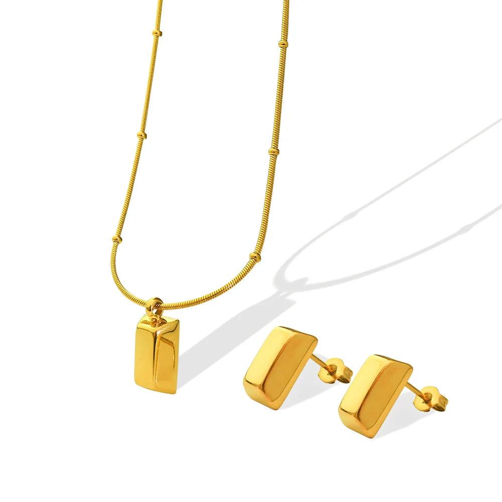 New Design Rectangle Pendant Titanium Stainless Steel Snake Chain Choker Necklace and Earring Jewelry Set Women