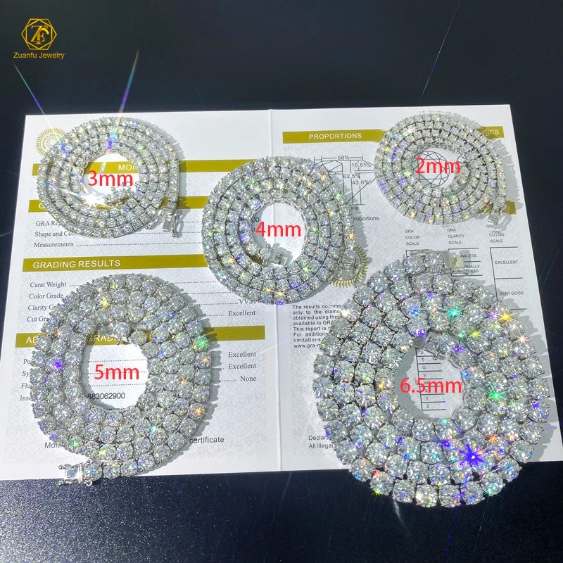 Moissanite Iced Out Chain Factory Price 925 Sterling Silver Men 2mm 3mm 4mm 5mm 6.5mm D Color Moissanite Tennis Chain