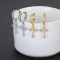 Wholesale Gold Plated Hoop Earrings Jewelry Bling CZ Stone Iced Diamond Cross Pendant Drop Hoop Earring