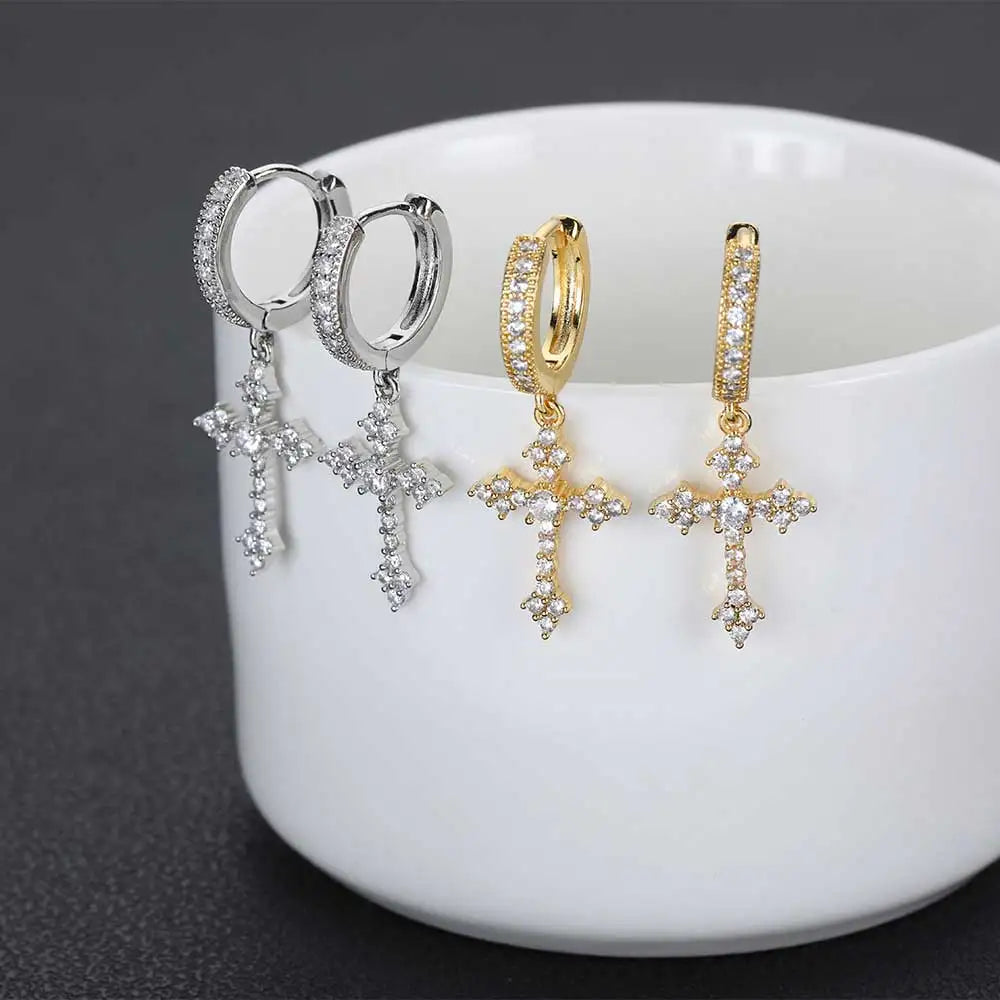 Wholesale Gold Plated Hoop Earrings Jewelry Bling CZ Stone Iced Diamond Cross Pendant Drop Hoop Earring