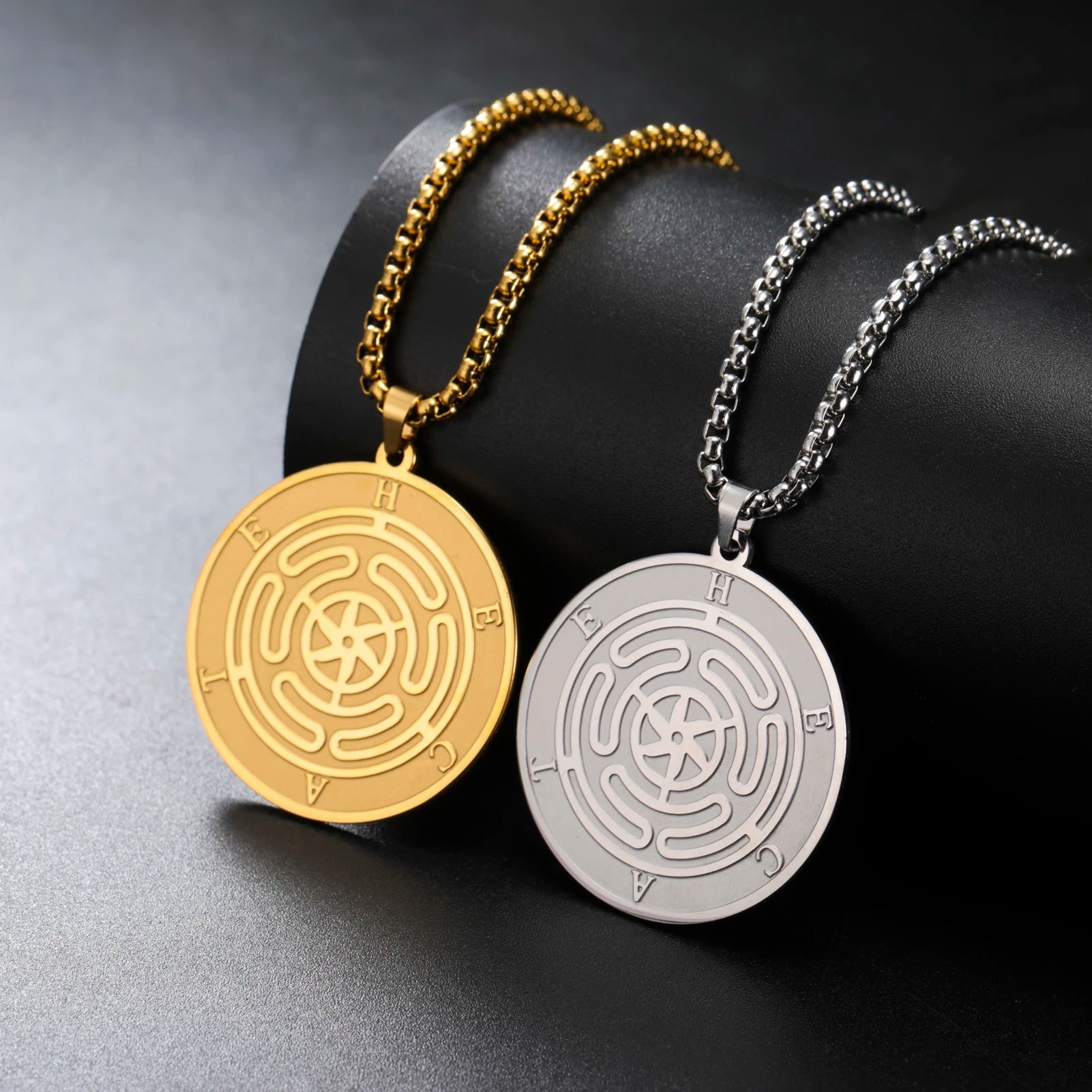 Vintage Stainless Steel Pentagram Charm Necklace Multi Engraved Torch Box Chain Necklace Jewelry Gifts for Women Men