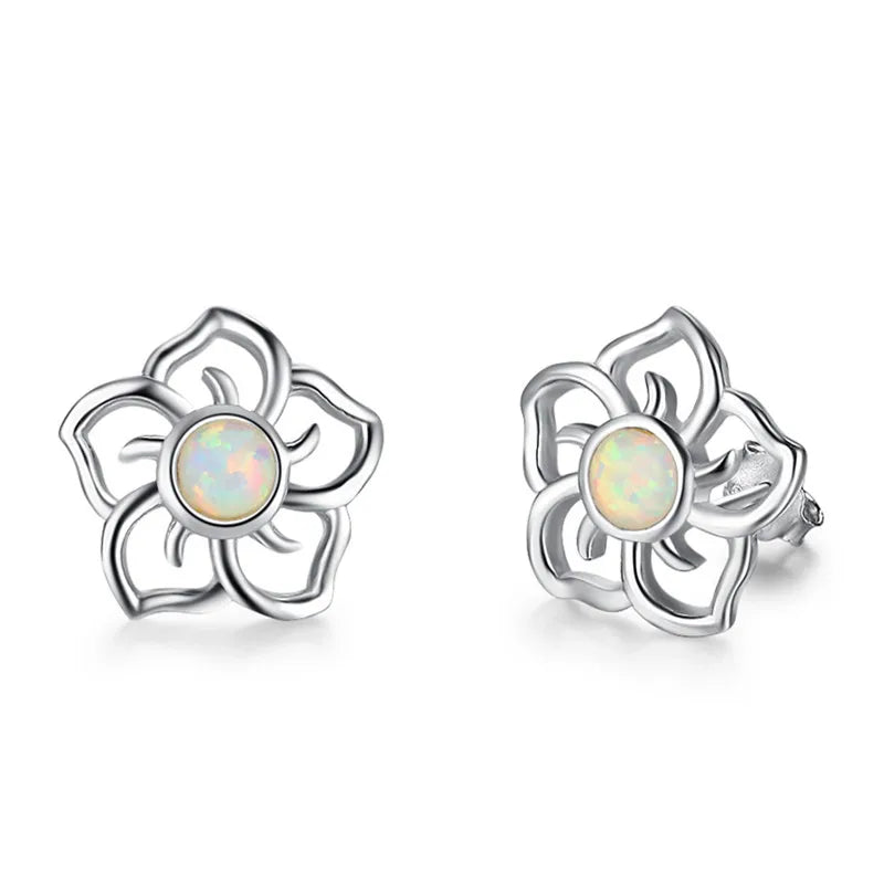 Superior Quality 925 Sterling Silver Rhodium Plated Trendy Flower Opal Stud Earrings Promise Engagement Wedding Anniversary