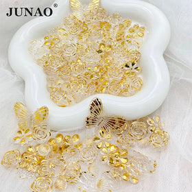 JUNAO Gold Transparent Butterfly Hair Clip Accessories Handmade Flower Mix Rhinestones Butterfly Acrylic Beads for Bracelet