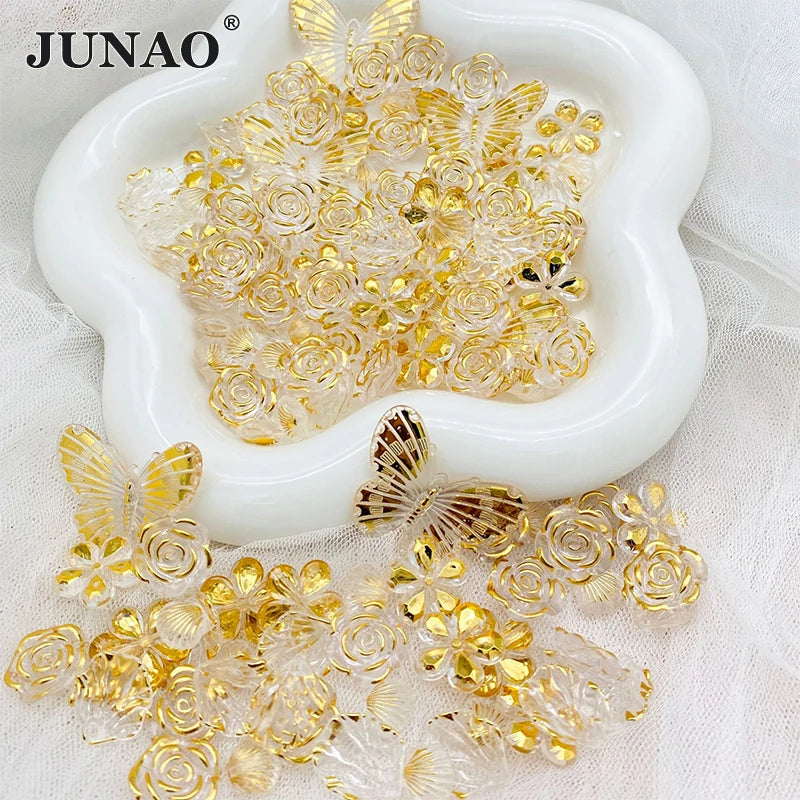JUNAO Gold Transparent Butterfly Hair Clip Accessories Handmade Flower Mix Rhinestones Butterfly Acrylic Beads for Bracelet
