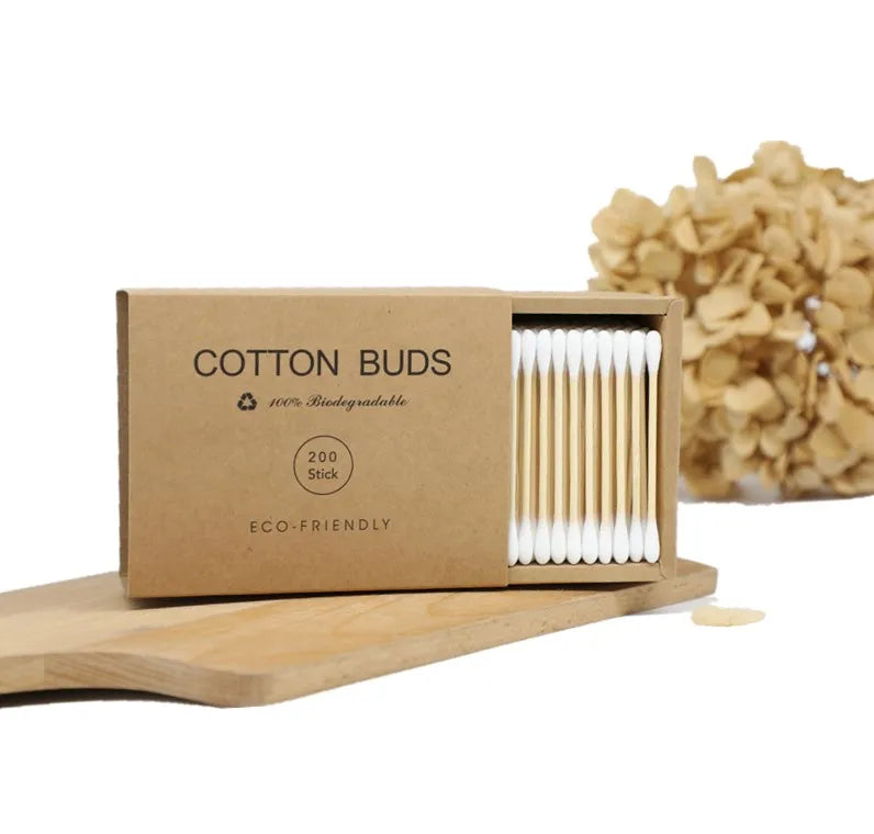 200pcs Eco-Friendly Natural Biodegradable Bamboo Cotton Buds in Drawer Kraft Box Premium Quality for Gentle Skin Care MegaBDM