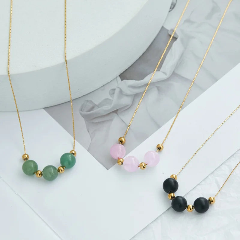 Stylish 18k Gold Plated Stainless Steel Three Beaded Pendant Obsidian Aventurine Rose Quartz Natural Stone Necklace for Women