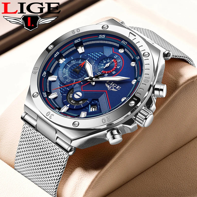 LIGE LG8961 Classic Men Quartz Wristwatches Waterproof Luxury Watch Sports Chronograph Clock Montre Homme+Gift Box