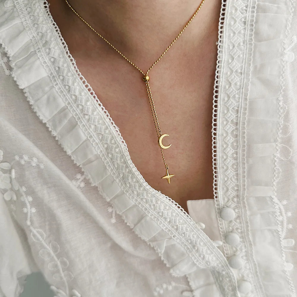 Joolim Jewelry 18K Gold Plated Waterproof Moon Star Tassel Pendant Bead Adjustable Necklace Stainless Steel Jewelry Wholesale