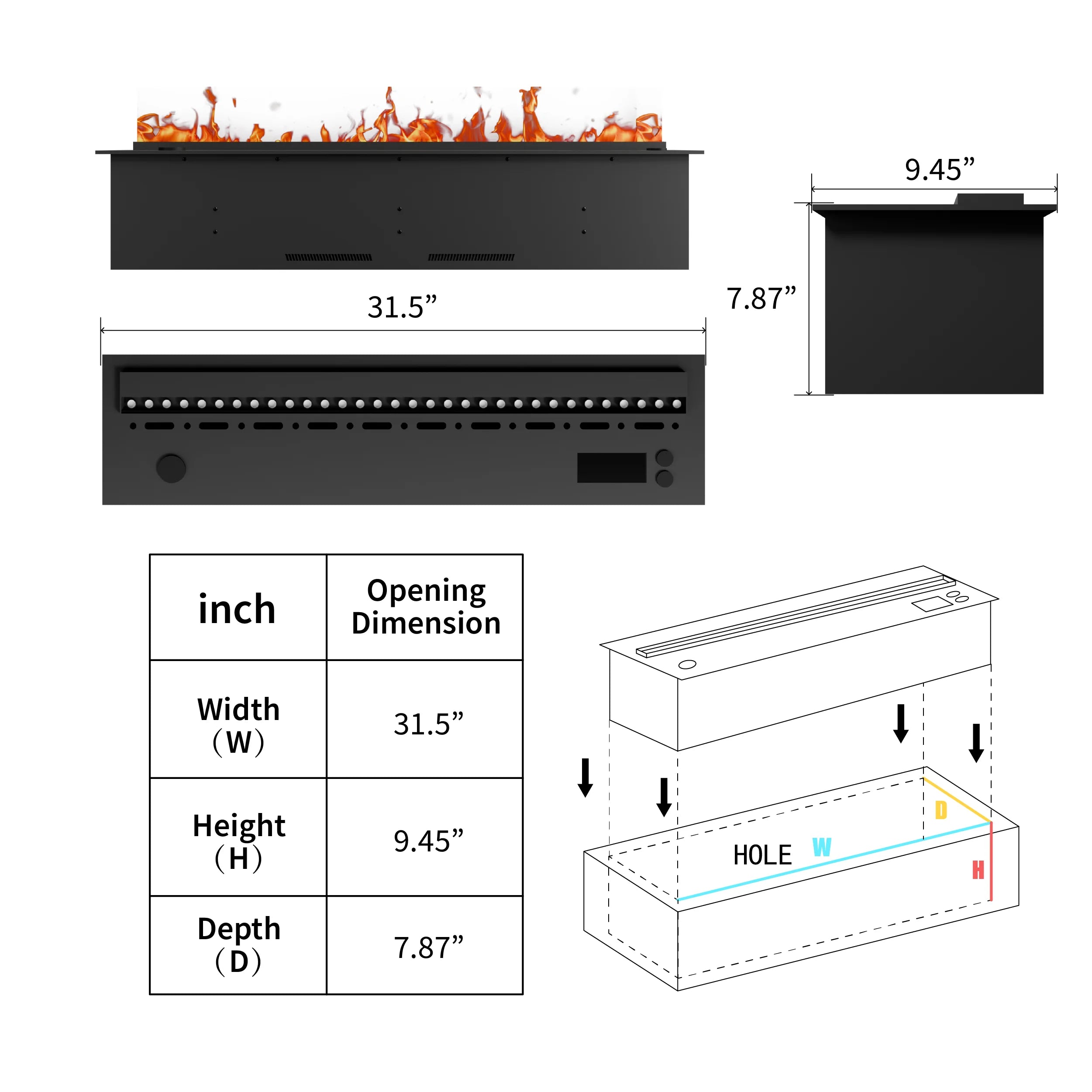 80cm Modern LED Flame Water Vapor Artificial Fireplace Insert Auto Electric Atomized for Hotel Villas Metal Material