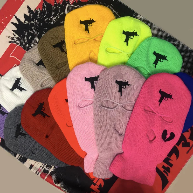 Windproof Gun Custom Embroidery Wholesale Chunky Knitted Winter Full Face Balaclava Ski Mask Hat Akatsuki Full Face Beanie Hats