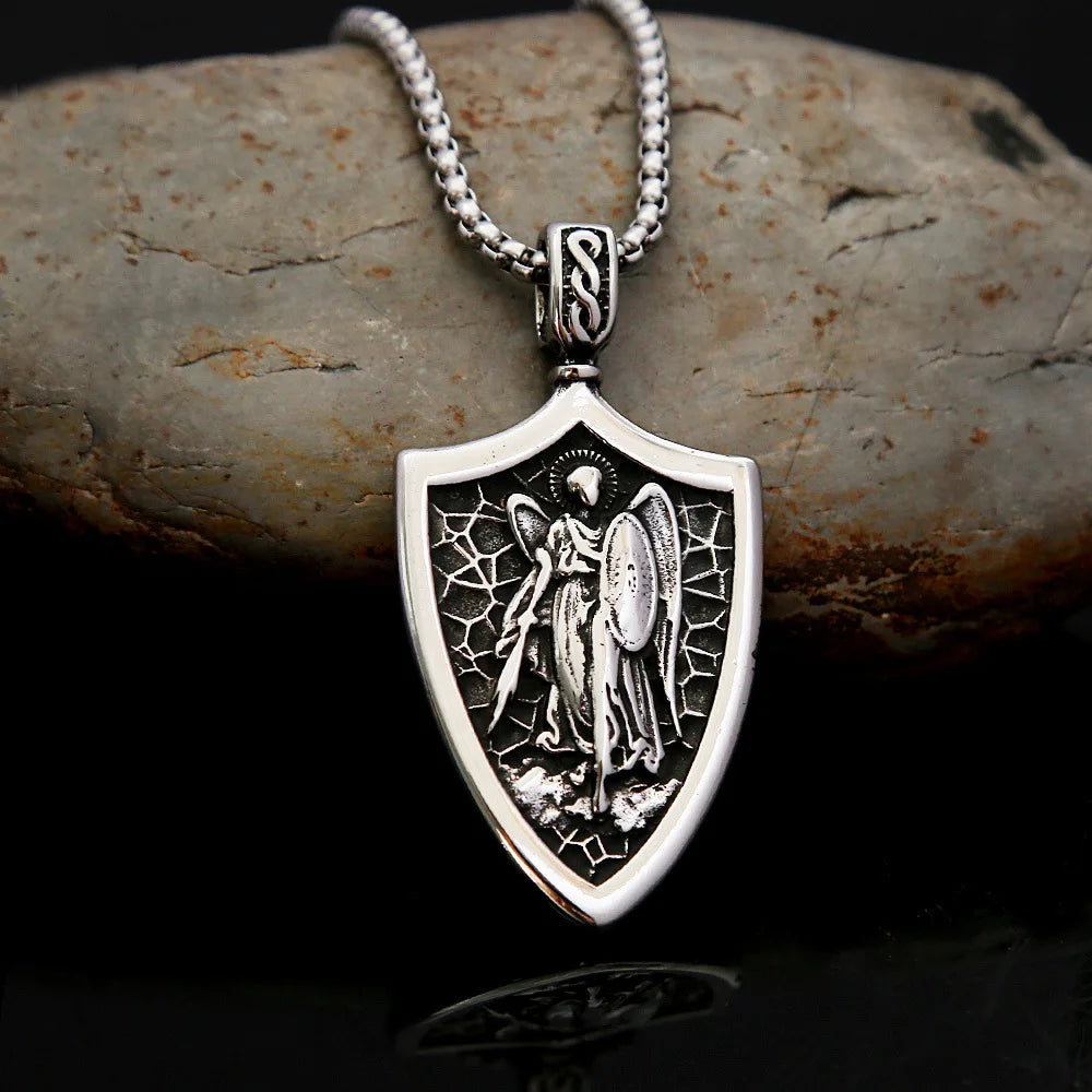 Classic Archangel Saint Michael Warrior Shield Necklace Nordic Mens Stainless Steel Pendant Necklace Amulet Fashion Jewelry