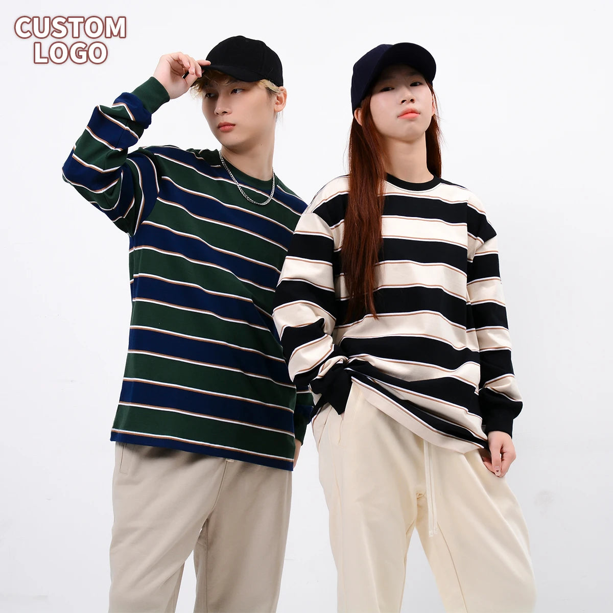 Wholesale High Quality Custom Logo Men's Stripes Cotton Heavy Weight 340 Grams Round Collar Printed Long Sleeve T-shirts